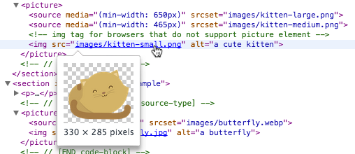 Hovering over an image source in DevTools shows a preview