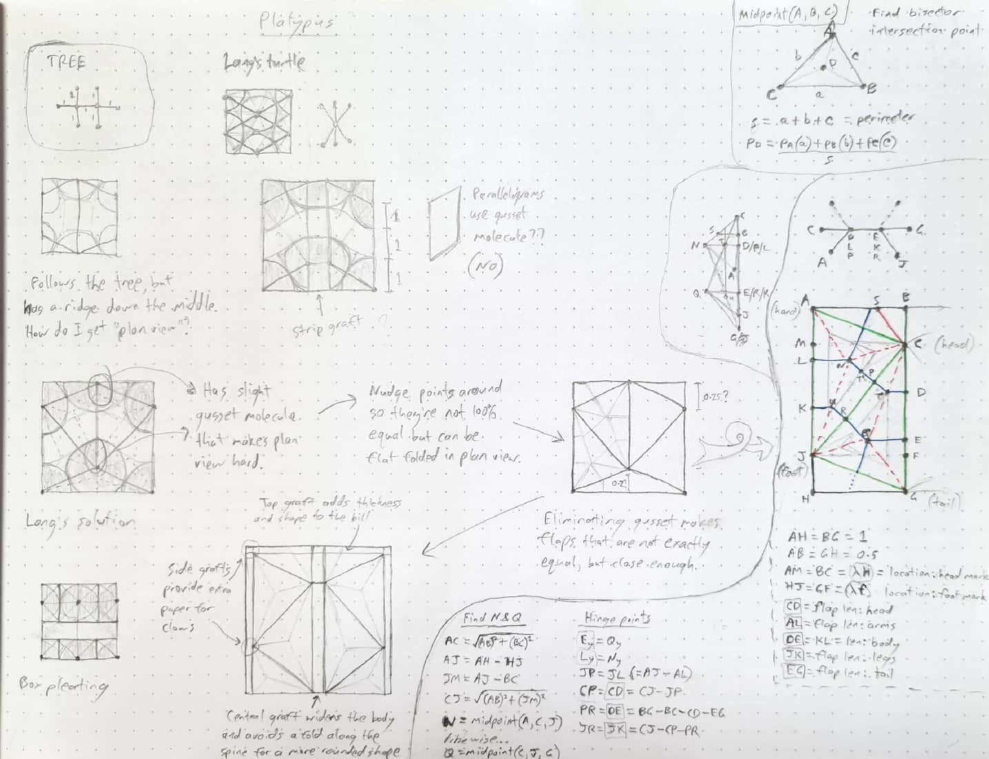 Hand-drawn sketches exploring various ideas for crease patterns