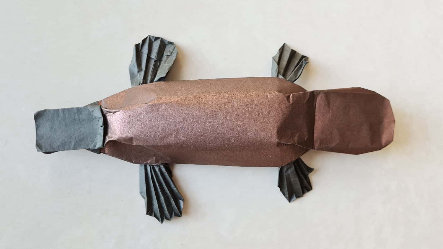 A folded origami platypus model, viewed from the top
