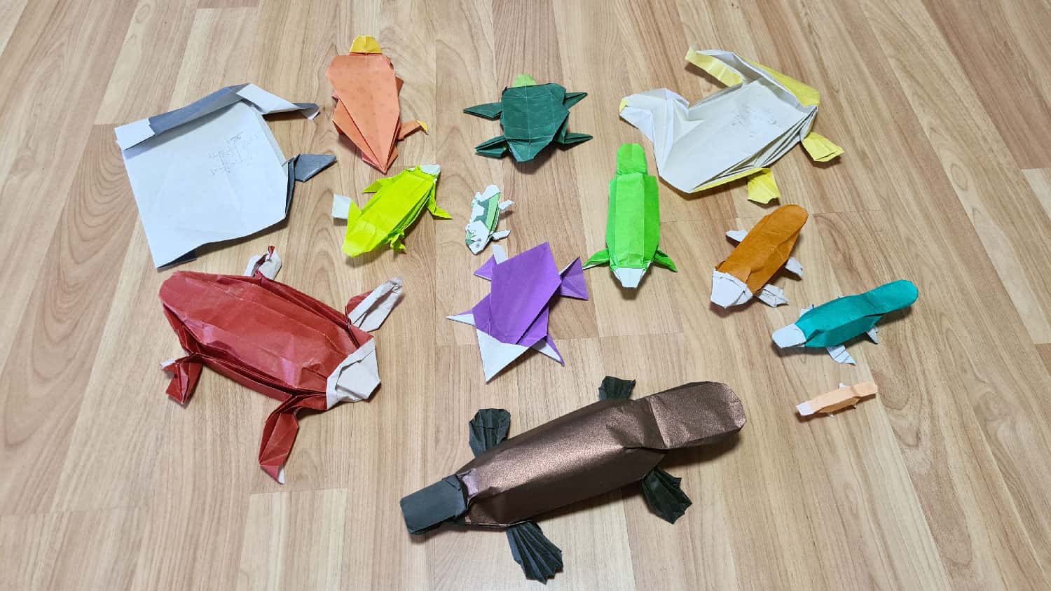 13 folded origami platypus models, with varying levels of quality