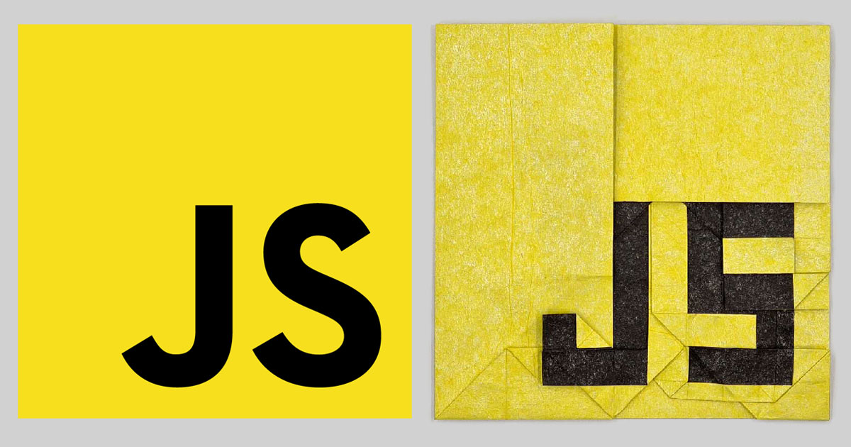 Origami version of the JS logo sitting next to the original logo design